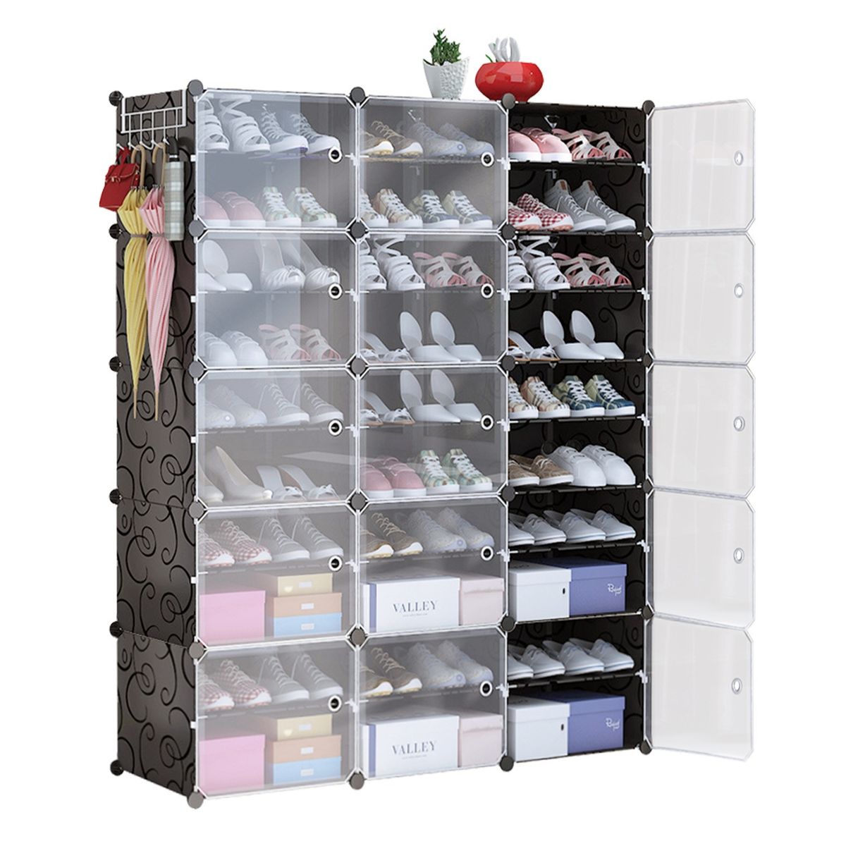 10 Tier 3 Row Shoe Rack Organizer Stackable Free Standing Shoe Storage Shelf Plastic Shoe Cabinet Tower with Transparent Doors for Heels Boots Slipper_voghion.com