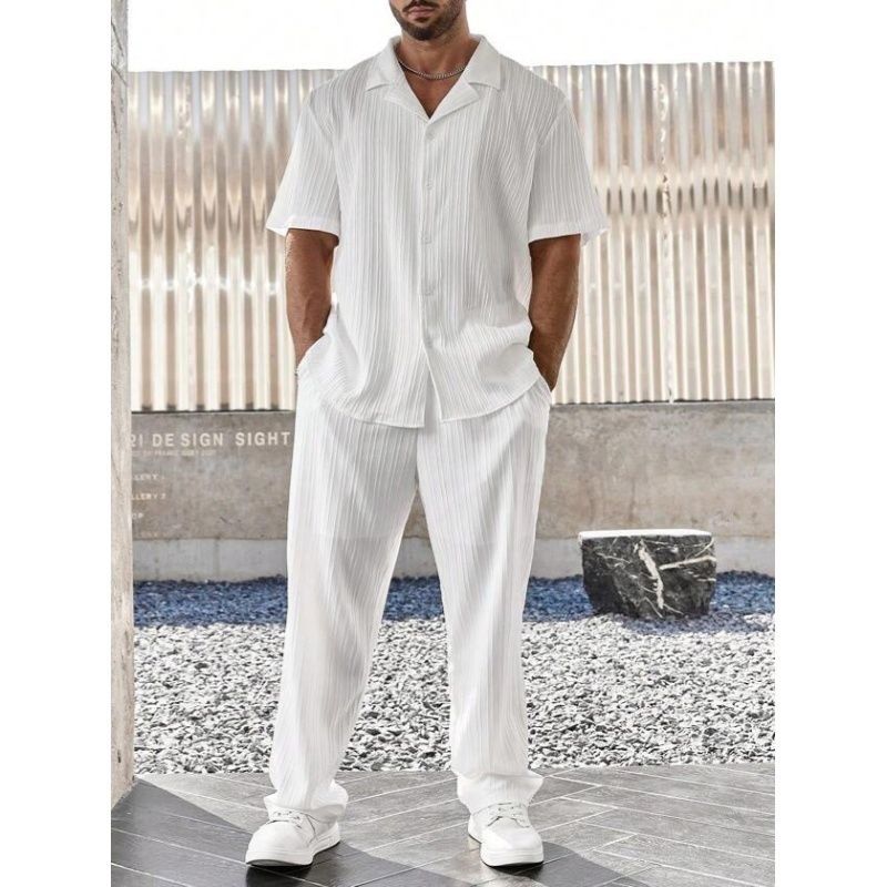 Herrenbekleidung Sommer High-End-Mode Lässiger Kurzarmhemdanzug Herren Trendy Leichter Luxus Einfarbig Gestreifte Lange Hose Zweiteiliger Anzug_voghion.com