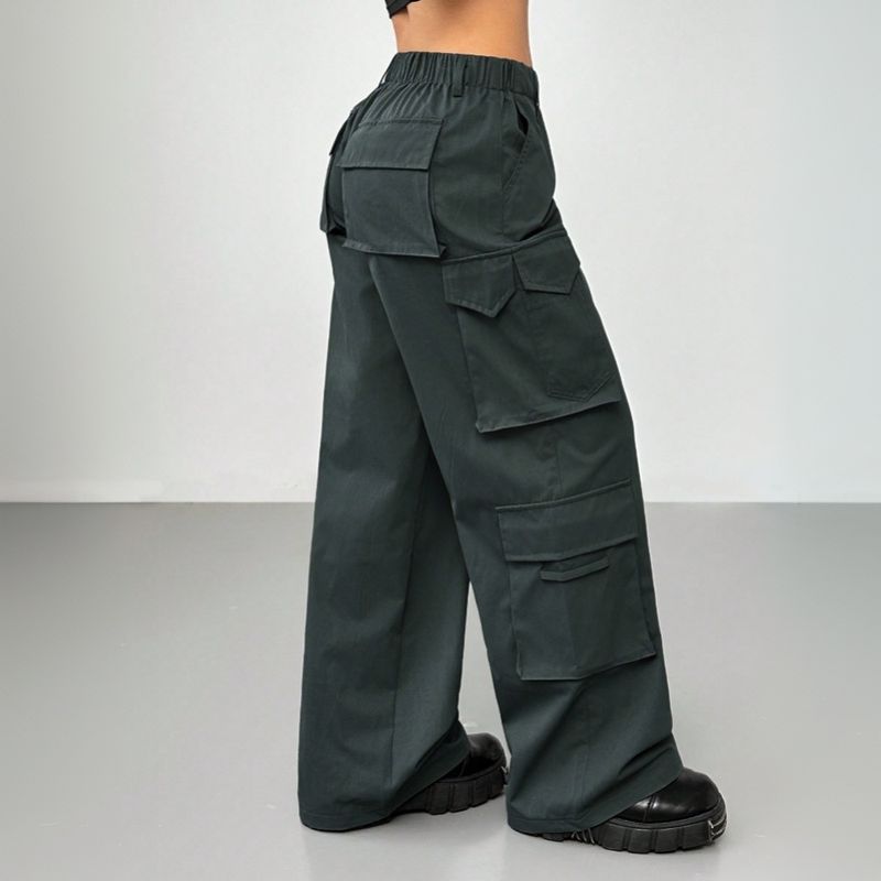 2025 Spring/Summer New Street Style Casual Elastic High Waist Wide Leg Cargo Pants_voghion.com