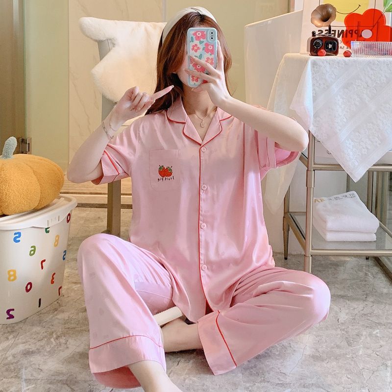 Spring summer pajamas, women's cardigans, short sleeves, long pants, ice silk small fragrance style, fashionable and_voghion.com