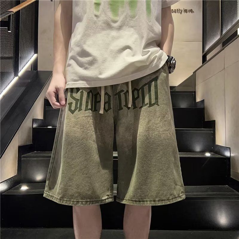 Pantaloncini di jeans con lavaggio sfumato Pantaloni corti a gamba larga estivi da uomo Trendy Brand 2023 Nuovi pantaloni medi neri retrò allentati_voghion.com