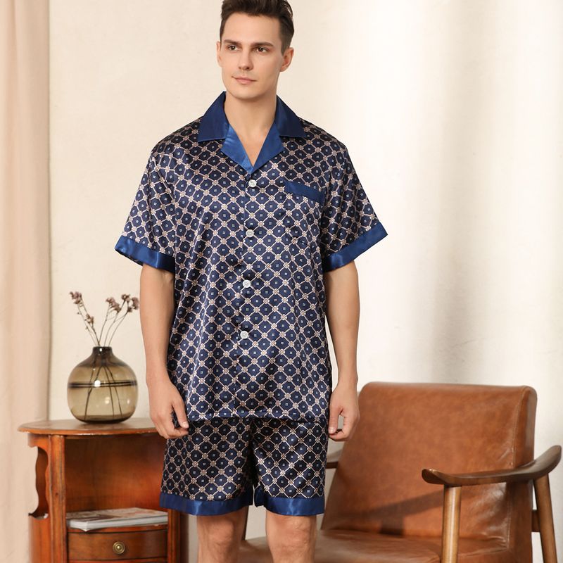 Men's clothing men's summer printed short-sleeved shorts pajamas men's summer silk home clothes men's suit ice silk_voghion.com