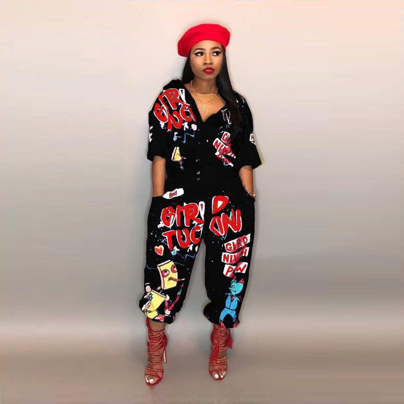 Salopetă sexy cu imprimeu de litere pentru femei, cu pantaloni tip clopot_voghion.com