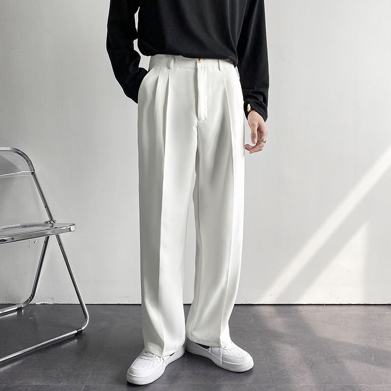 Herrenbekleidung Frühling und Herbst Drapierte Gerade Anzughose Lockere, lässige weiße Hose mit weitem Bein Wischhose_voghion.com