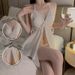 Satin Open Tie Bow Plus Chest Pad Irregular Skirt Nightdress Women's Home Set_voghion.com