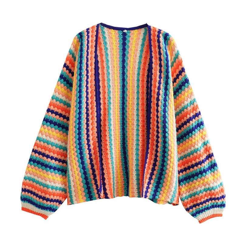 Vêtements pour femmes 2024 automne style ethnique contraste couleur crochet fleur pull coloré rayé tricoté lâche cardigan pull 8LS2768_voghion.com