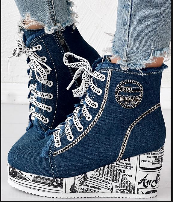 Dámské boty, velké velikosti, klínový podpatek, všestranné vysoké plátěné boty, dámské boty s kulatou špičkou, anglické noviny, šněrování, prodyšné, jednoduché boty_voghion.com