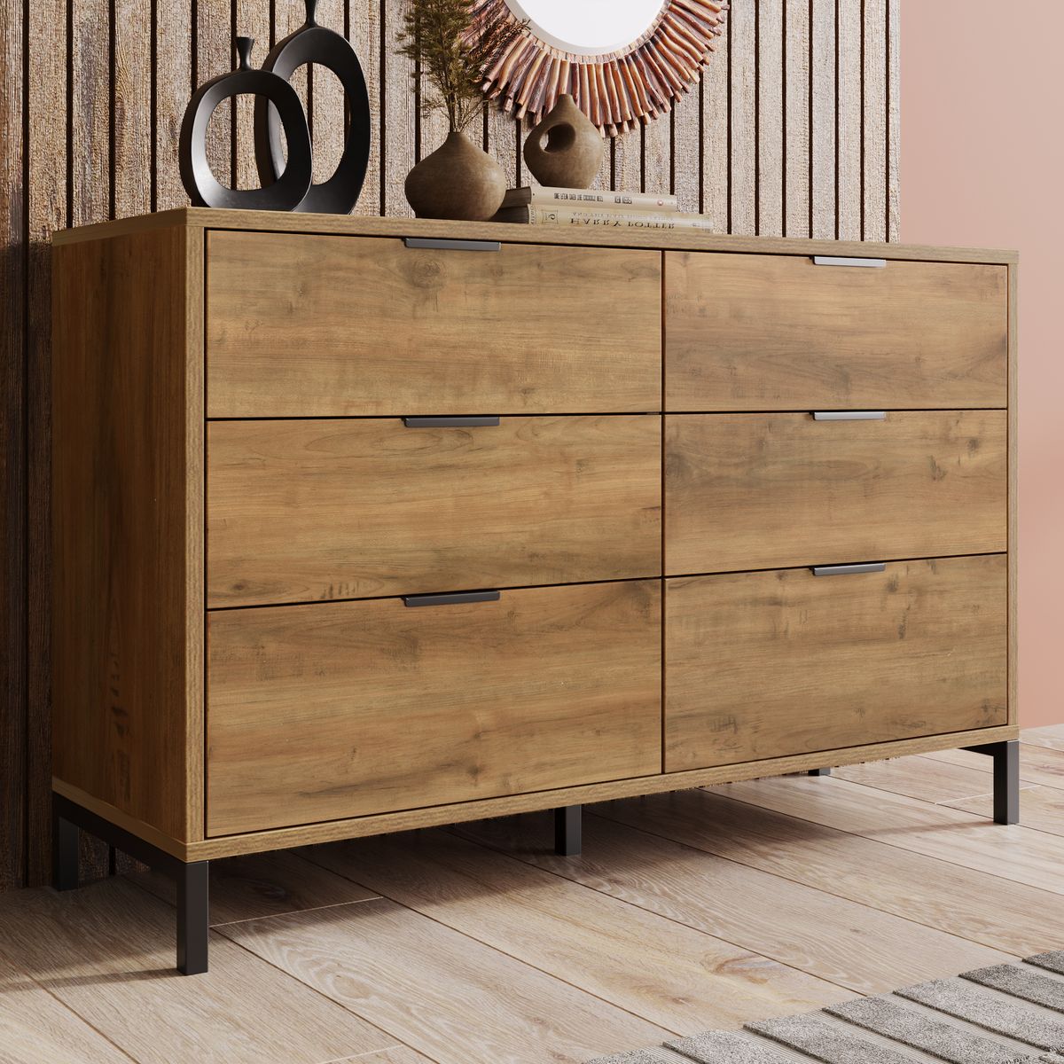(=834445AAD) Kommode, Credenza Mit 6 Schubladen, 120 X 40 X 76 Cm In Dunkle Eiche, Credenza Highboard Für Schlafzimmer & Alle Wohnräume_voghion.com