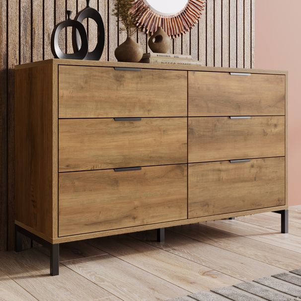 (=834445AAD) Kommode, Credenza Mit 6 Schubladen, 120 X 40 X 76 Cm In Dunkle Eiche, Credenza Highboard Für Schlafzimmer & Alle Wohnräume_voghion.com