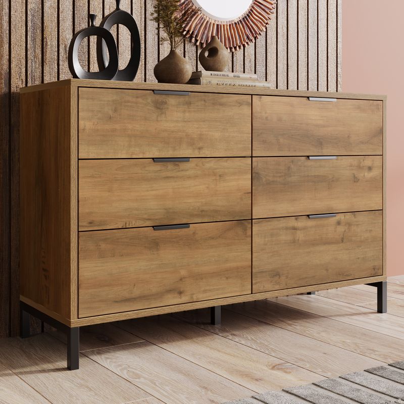 (=834445AAD) Kommode, Sideboard Mit 6 Schubladen, 120 X 40 X 76 Cm In Dunkle Eiche, Sideboard Highboard Für Schlafzimmer & Alle Wohnräume_voghion.com