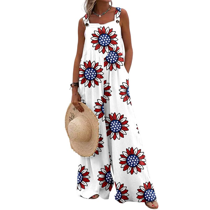 Ropa de mujer, nuevo producto, estilo de vacaciones, pantalones de una pieza sin mangas, ropa informal con estampado de girasoles de estilo bohemio de verano_voghion.com