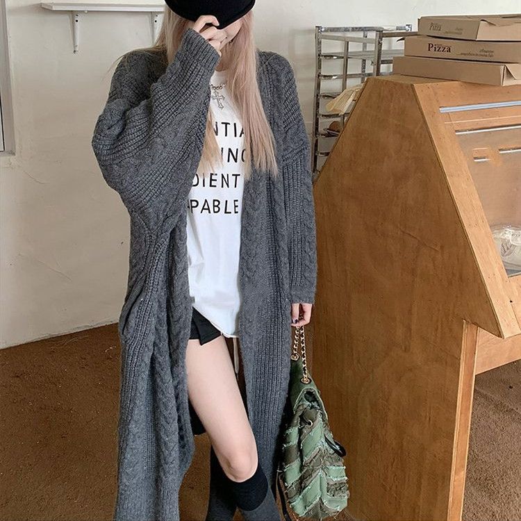 Stile retrò pigro, tutto abbinato, modello a trecce lavorato a maglia, autunno e inverno, maglione cardigan lungo, spesso e caldo, abbigliamento da donna_voghion.com