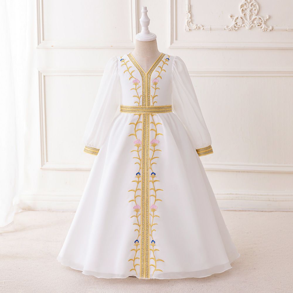 Vestito da principessa per bambini, elegante abito da principessa in chiffon con fiori ricamati a maniche lunghe_voghion.com