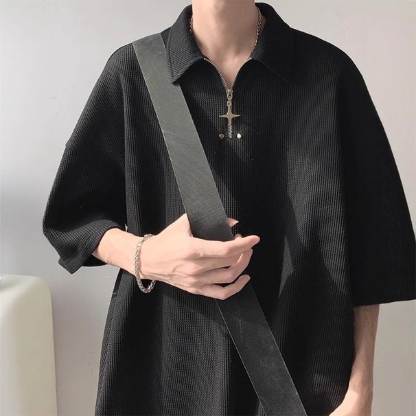 Waffle Men's Summer Loose Casual Solid Color Collar Top Trendy Brand Half Zipper Short Sleeve T-shirt_voghion.com