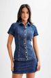 New Women's Short Sleeve Denim Button-Up Collar Top With High Waist Skirt Set_voghion.com