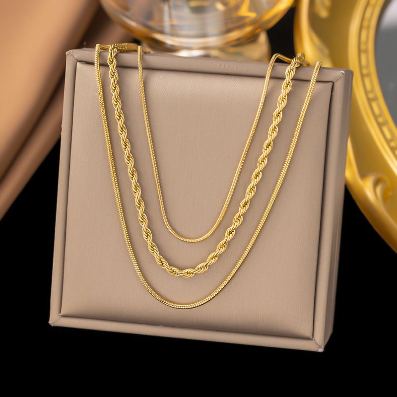 French Overlapping Necklace Simple Three Layered Basic Snake Bone Fried Dough Twists Chain Stainless Steel_voghion.com