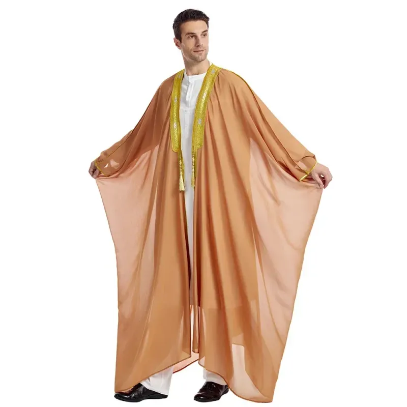 Herren Robe Muslimische Kleidung Kimono Lose Abaya Kleider Langarm Bestickter Chiffon Kaftan Lässig Formal Thobe_voghion.com