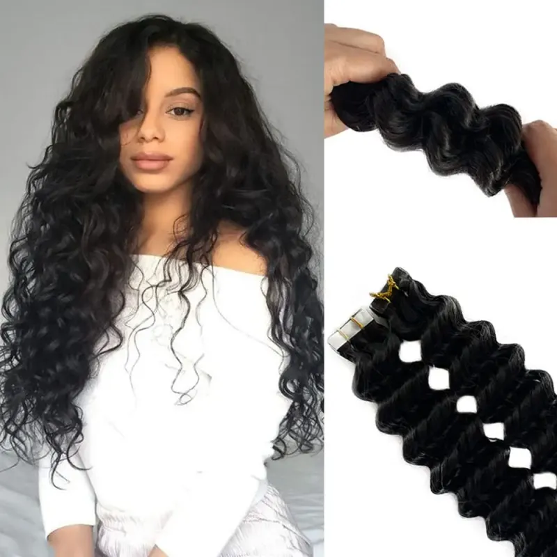 Fita adesiva para extensões de cabelo humano, ondas profundas, conjunto de 20 peças, adesivo sem costura, cabelo brasileiro, trama de pele, fita adesiva para cabelos cacheados, preto natural_voghion.com