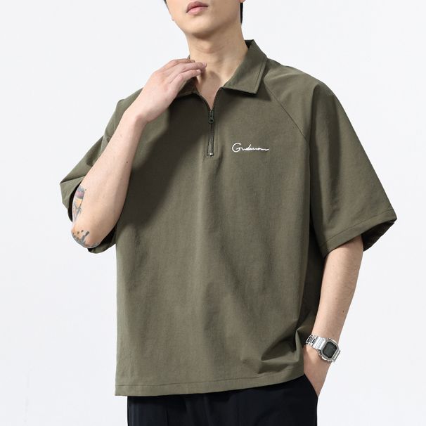 Summer T-shirt Men's Zipper Half Cardigan Short Sleeved Casual Retro Top_voghion.com