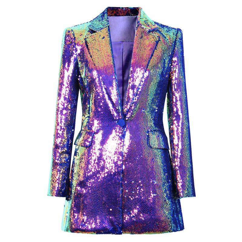 Damenbekleidung, Lagerbestand, Frühlings- und Herbststil, coole bunte Pailletten, Damen-Anzugoberteile, Anzugkragen, Einknopfjacke_voghion.com