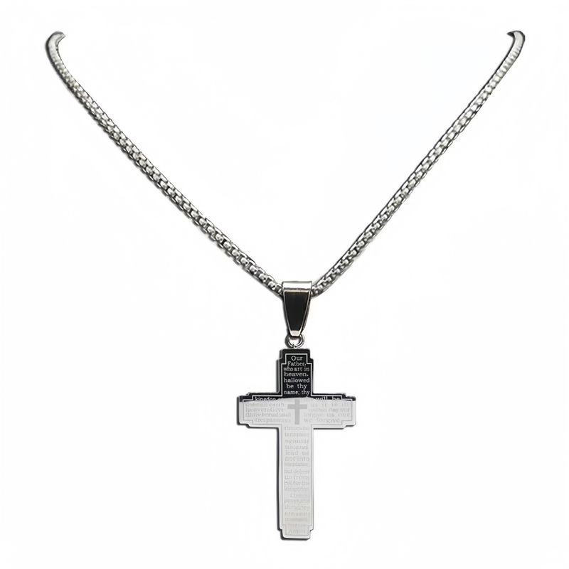 New Bible Alphabet Cross Pendant Stainless Steel Necklace Men's Hip Hop Jewelry_voghion.com