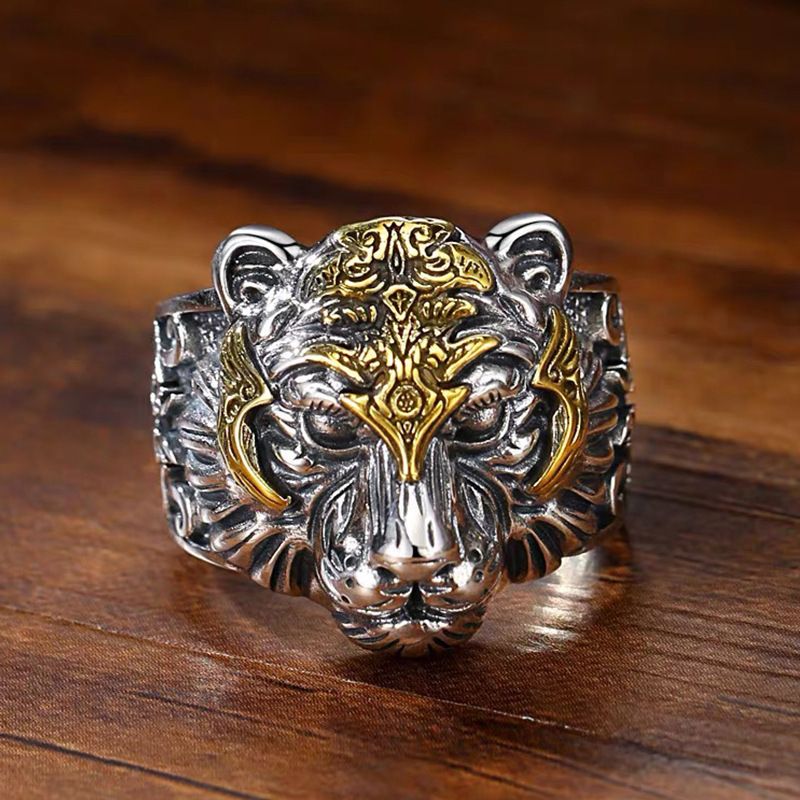 Anello da uomo in argento puro con testa aperta dominante, ciondolo a forma di tigre con simbolo della fortuna dell'anno zodiacale_voghion.com