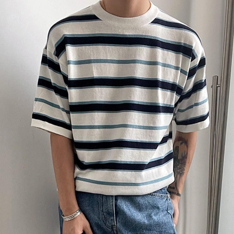 Maglietta estiva a maniche corte da uomo, alla moda, con scollo rotondo, a righe, stile retrò, casual, versatile, per giovani, a mezza manica_voghion.com