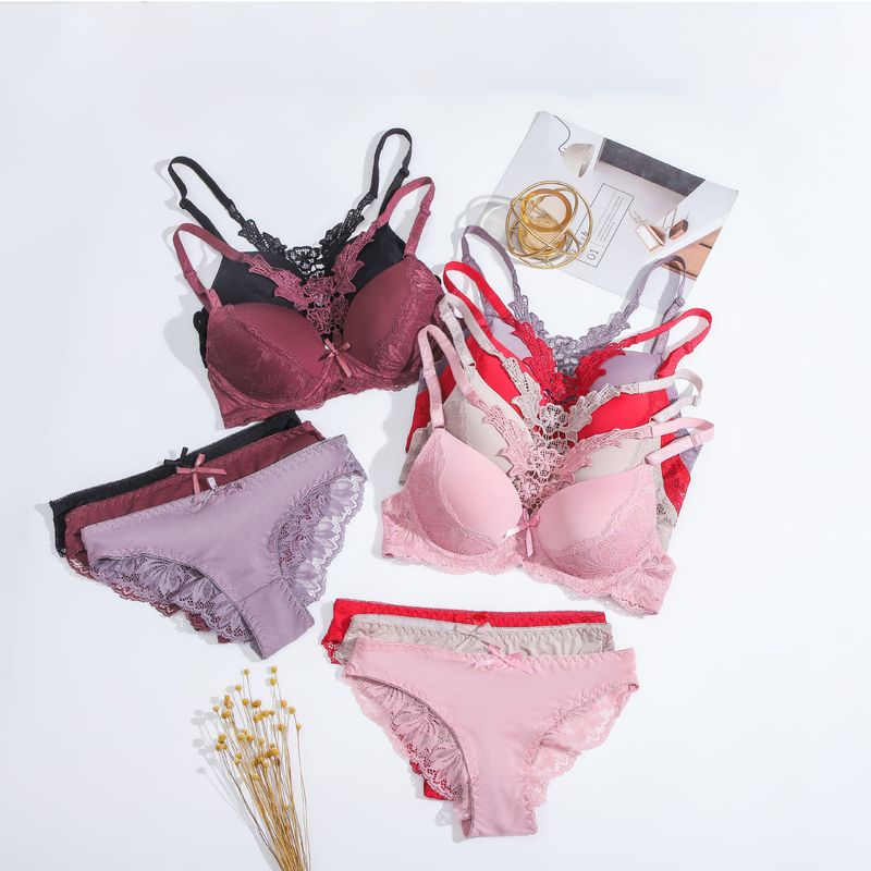 Unterwäsche Damen dünnes sexy Spitzen-Bügel-Push-up-BH-Set mit verstellbarem Rücken_voghion.com