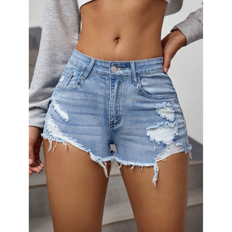 Modische und vielseitige Jeansshorts mit hoher Taille und rohen Kanten im zerrissenen Design 2025 Sommer Neue lockere Trendshorts_voghion.com