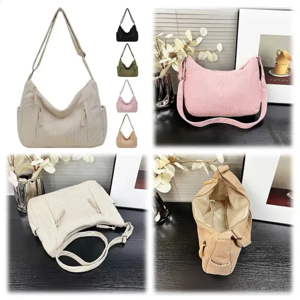 Borsa a tracolla da donna in velluto a coste, grande capacità, tracolla regolabile, borsa a mano, zaino alla moda 241112_voghion.com