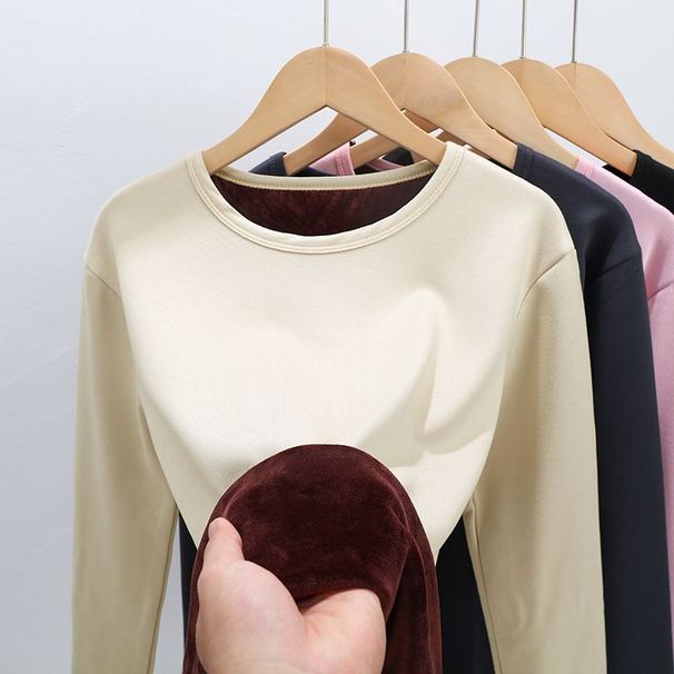 Body Shaping Top Women's T-Shirt Winter Thickened Thermal Underwear Fleece Lined Round Neck 37 Base Layer Integrated_voghion.com