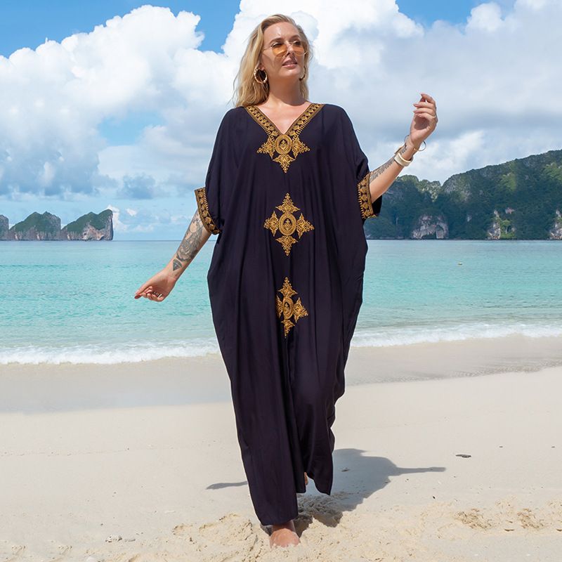 ​​Strandmantel aus Baumwolle mit Stickerei für Damen – leichter Sonnenschutz-Bikini-Badeanzug, Wickelrock, langer Rock​​_voghion.com