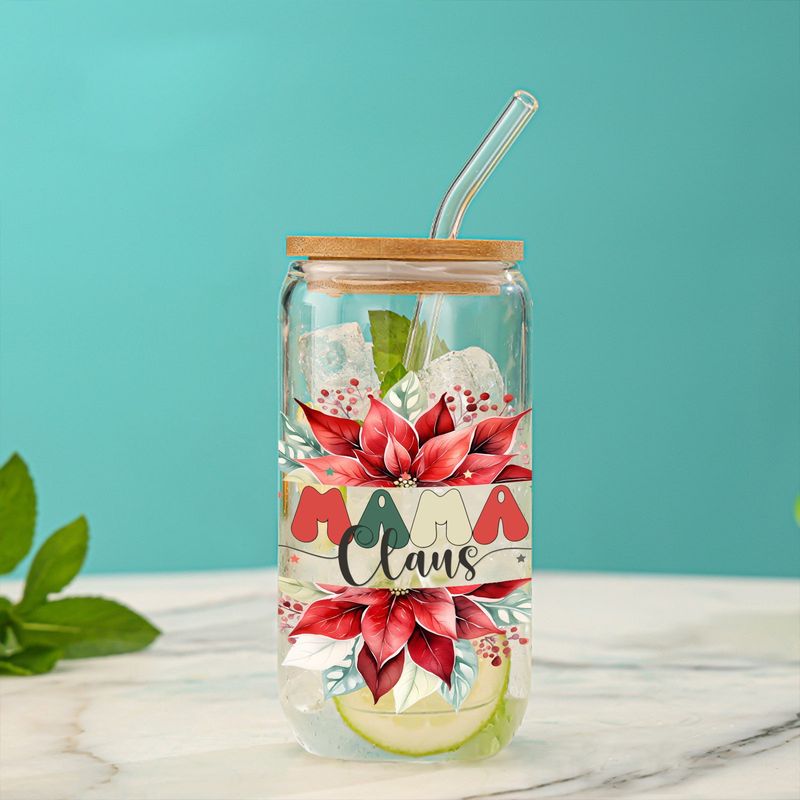 Moderner, minimalistischer Weihnachtsbecher mit Bambusdeckel – 16 oz auslaufsicherer Becher aus Borosilikatglas mit Strohhalm, umweltfreundlich und als Geschenk geeignet (2er-Pack)​_voghion.com