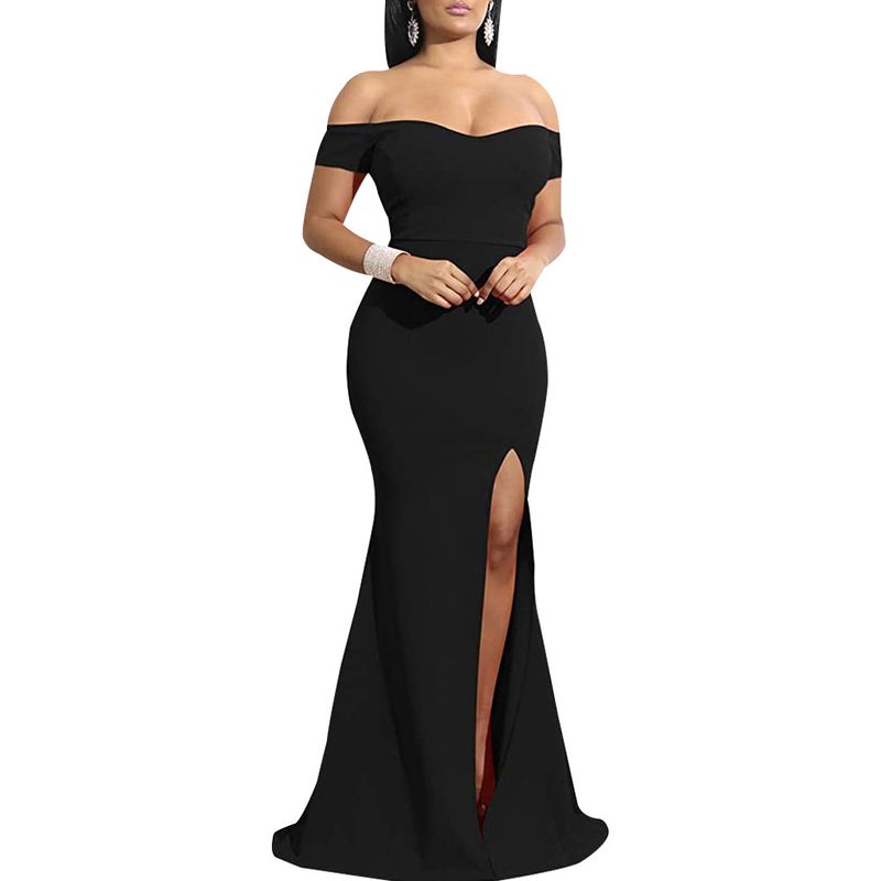 Women's one shoulder slit large swing evening gown solid color dress_voghion.com
