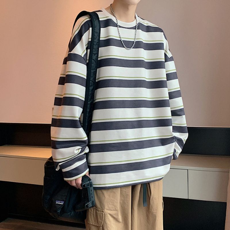 T-shirt a maniche lunghe primaverili e autunnali con cappuccio a righe da ragazzo con una camicia inferiore girocollo e abiti larghi_voghion.com