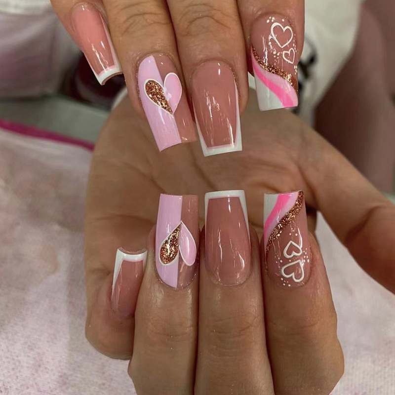 Glitter 24 pezzi Set per unghie Fale semplice Pre-on Nail French Testa quadrata Manicure Indossabile bara Copertura completa Unghie finte_voghion.com