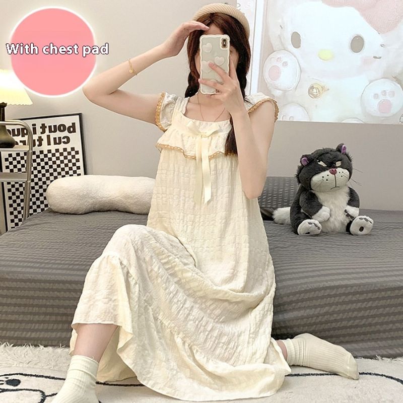 2024 Nightwear Women's Summer Sweet Strap with Chest Mat Medium length Sleeping Skirt Bubble Wrinkle Tihua Grid Home_voghion.com