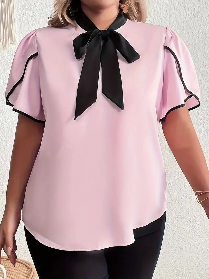 Women's  large size color matching collar collar shirt elegant petal sleeve large size shirt_voghion.com