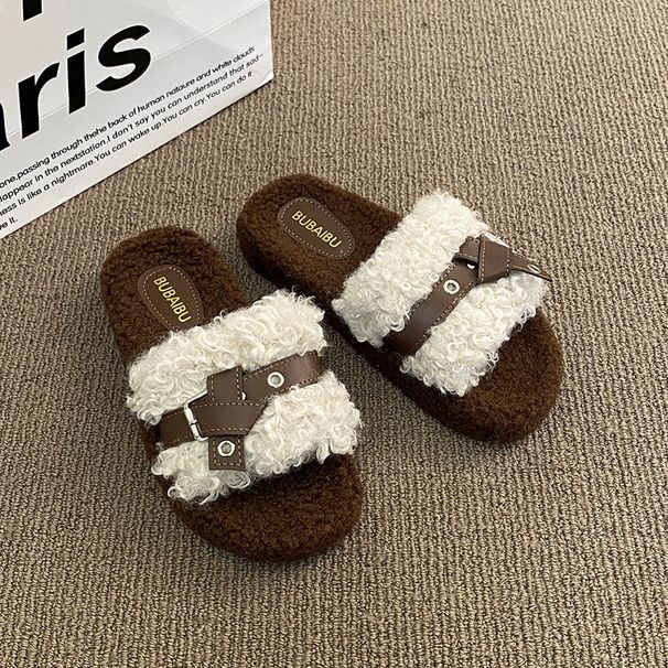 Platform Fur Slippers For Women, New Style For Autumn And Winter, Small Size, Thick Sole, Versatile Belt Buckle, Flip Flops, Warm Cotton Slippers_voghion.com