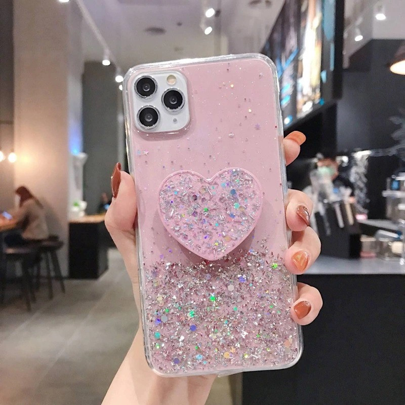 Glitter Stars Heart Fold Holder Telefon Case Fir Samsung M51 M31S M21 M11 J4 J6 J2 J5 J7 Prime A6 A7 A9 Soft Silikon Stan_voghion.com