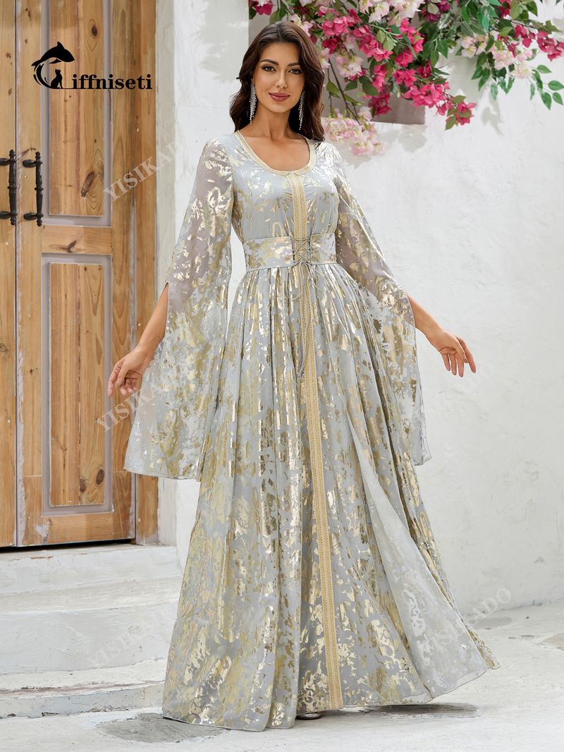 ​​Elegant Muslim Dress For Women - Floral Print, Waist Tie, Long Sleeve, Modest Islamic Fashion (Black, Multi-Color) - S/M/L/XL​_voghion.com