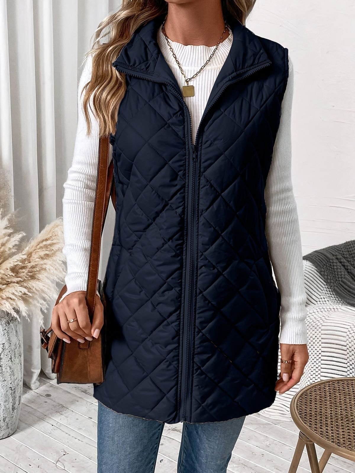 Manteau élégant en mélange de coton et de polyester de couleur unie pour femme, veste d'hiver mi-longue à col montant, vêtement d'extérieur chaud et élégant pour les déplacements quotidiens._voghion.com