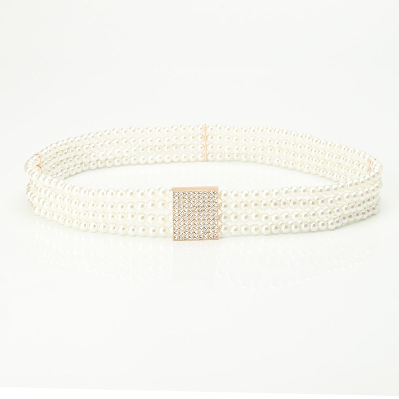 Women's Belts versatile fashionable pearl-encrusted diamond flower waist chain diamond-encrusted square buckle dress decorative belt women's belt_voghion.com