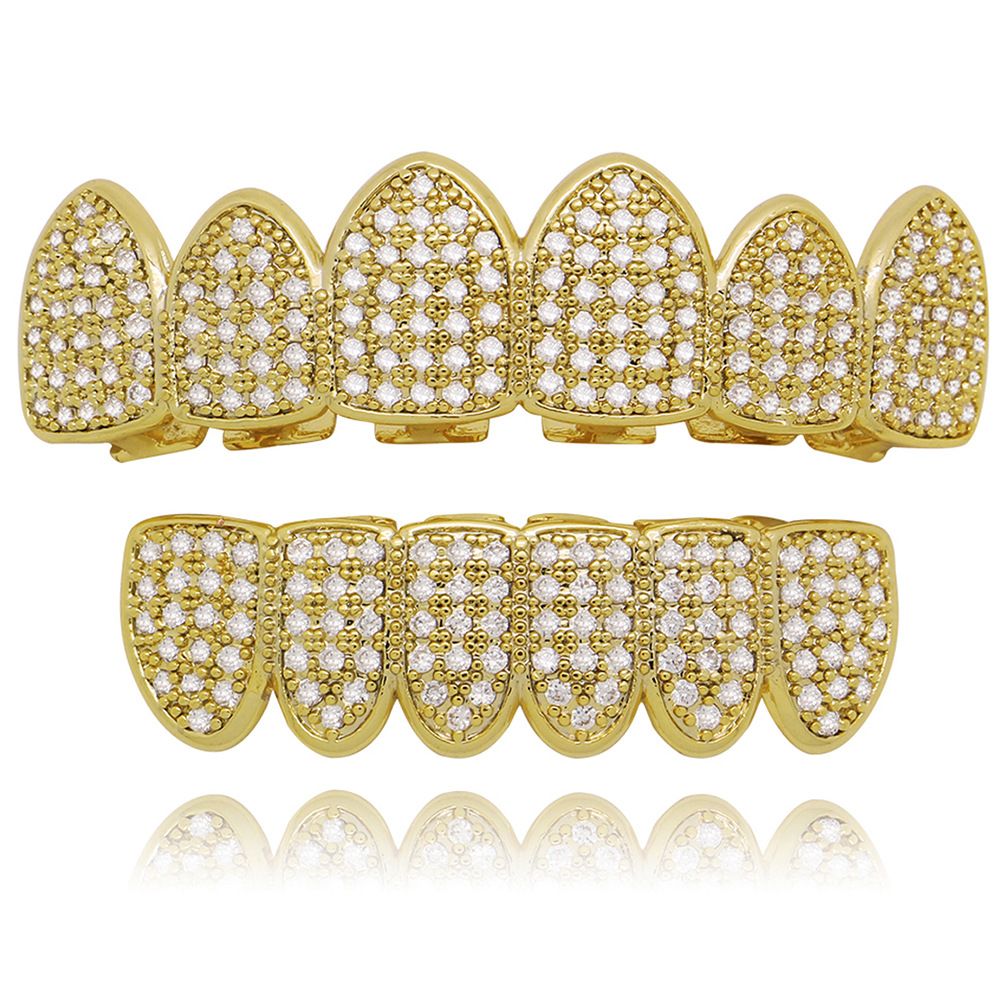 Mikroinkrusteeritud 4A tsirkooniga kullatud hip hop traksidega grillid meestele ja naistele Halloweeni vampiiride kuldhammaste tarvikute jaoks_voghion.com
