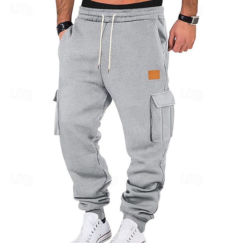 Cargohose im Urban-Style für Herren mit Logo-Patch aus Leder, Multi-Pocket-Design und Kordelzug in der Taille – bequeme und trendige Freizeithose_voghion.com