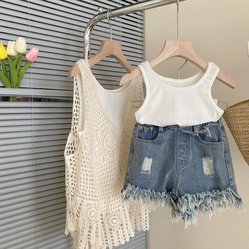 Ensemble short en jean rétro trois pièces pour mère et enfant, gilet court polyvalent, design de vêtements d'extérieur fins d'été, gilet sans manches_voghion.com
