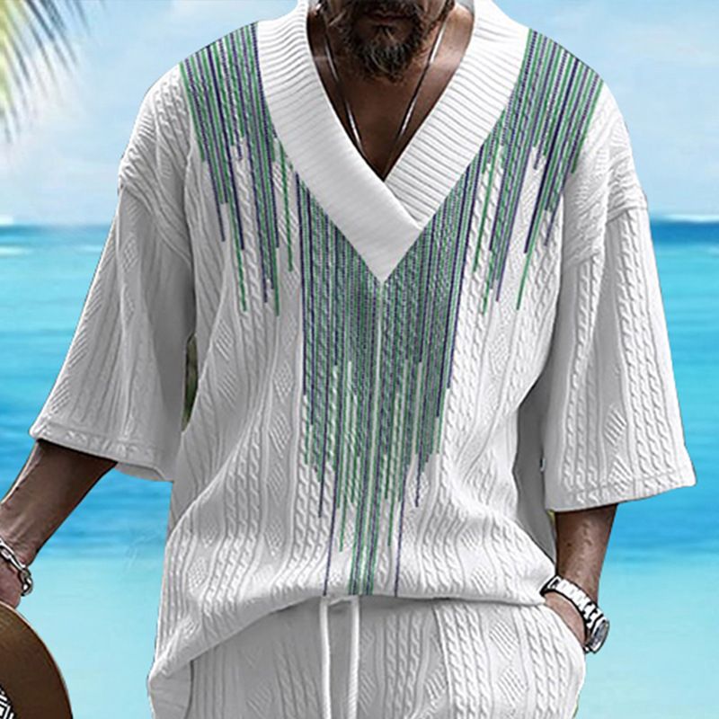 2024 American Jacquard Casual Men's V-neck Drop Shoulder Loose Oversized Hawaiian Short Sleeve Shirt_voghion.com