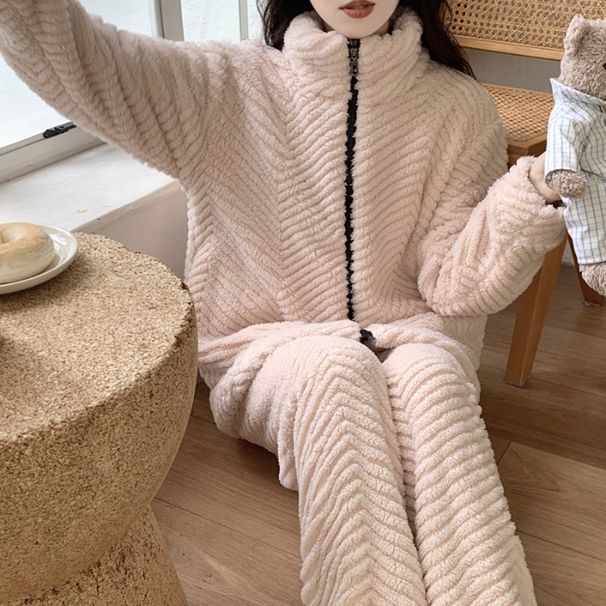 Long hair cut flower sleepwear for women in winter 2023, stand up collar zipper cardigan, long pants with plus size 220_voghion.com