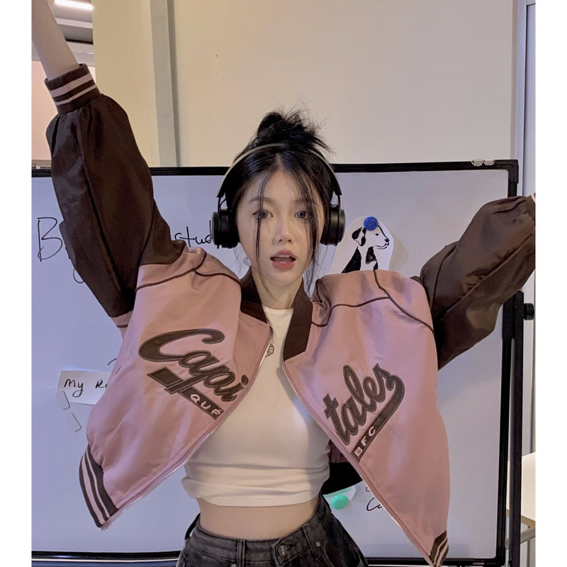 Women's retro national fashion patchwork color short baseball clothes autumn winter long-sleeved casual lazy college coat_voghion.com