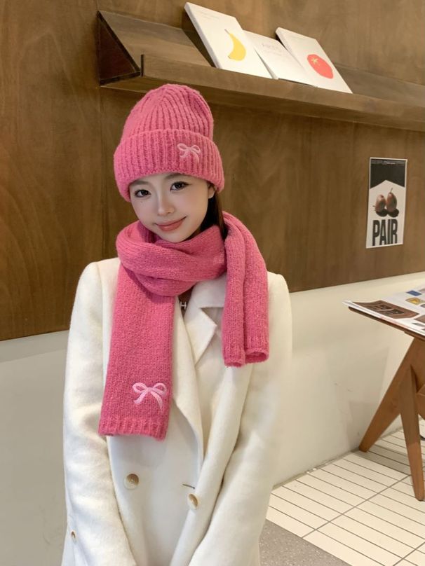 Winter schattige strik geborduurd gebreide veelzijdige warme nek sfeer sjaal muts tweedelige set_voghion.com